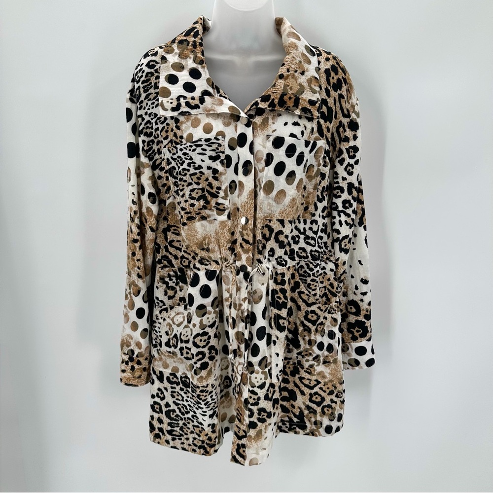 Chicos Jacket Sz 1 M 8 Animal Anorak L/S Drawstring Waist Lightweight Layering